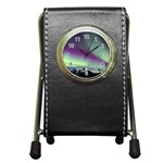 Aurora Stars Sky Mountains Snow Aurora Borealis Pen Holder Desk Clock Front