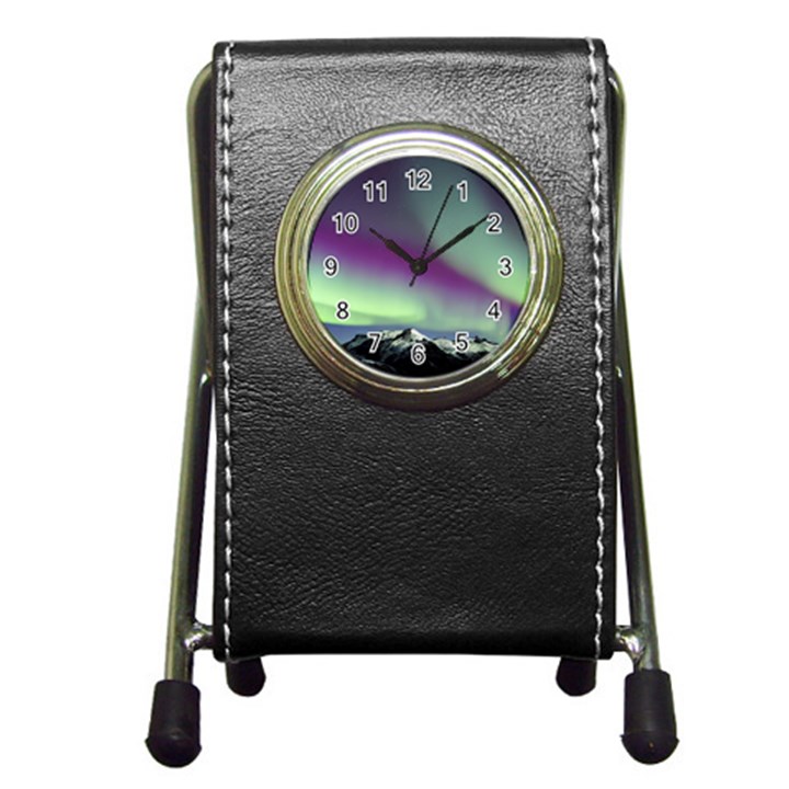 Aurora Stars Sky Mountains Snow Aurora Borealis Pen Holder Desk Clock