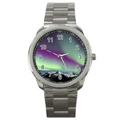 Aurora Stars Sky Mountains Snow Aurora Borealis Sport Metal Watch by Uceng