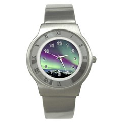 Aurora Stars Sky Mountains Snow Aurora Borealis Stainless Steel Watch by Uceng