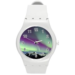 Aurora Stars Sky Mountains Snow Aurora Borealis Round Plastic Sport Watch (m)