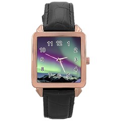 Aurora Stars Sky Mountains Snow Aurora Borealis Rose Gold Leather Watch  by Uceng