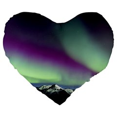 Aurora Stars Sky Mountains Snow Aurora Borealis Large 19  Premium Flano Heart Shape Cushions