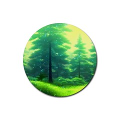 Anime Forrest Nature Fantasy Sunset Trees Woods Rubber Round Coaster (4 Pack)