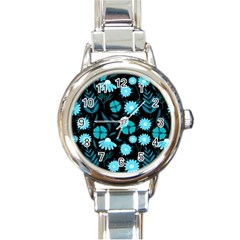 Flower Nature Blue Black Art Pattern Floral Round Italian Charm Watch by Uceng