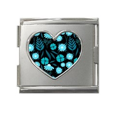 Flower Nature Blue Black Art Pattern Floral Mega Link Heart Italian Charm (18mm)