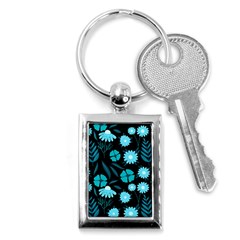 Flower Nature Blue Black Art Pattern Floral Key Chain (rectangle) by Uceng