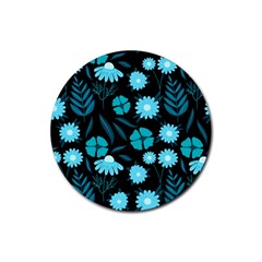 Flower Nature Blue Black Art Pattern Floral Rubber Round Coaster (4 Pack) by Uceng