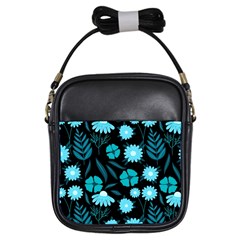 Flower Nature Blue Black Art Pattern Floral Girls Sling Bag by Uceng