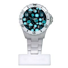 Flower Nature Blue Black Art Pattern Floral Plastic Nurses Watch by Uceng