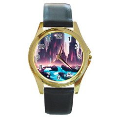 Urban City Cyberpunk River Cyber Tech Future Round Gold Metal Watch by Uceng