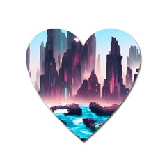 Urban City Cyberpunk River Cyber Tech Future Heart Magnet by Uceng