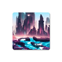 Urban City Cyberpunk River Cyber Tech Future Square Magnet by Uceng