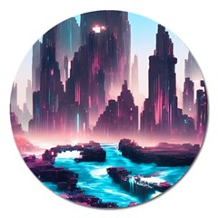 Urban City Cyberpunk River Cyber Tech Future Magnet 5  (round) by Uceng