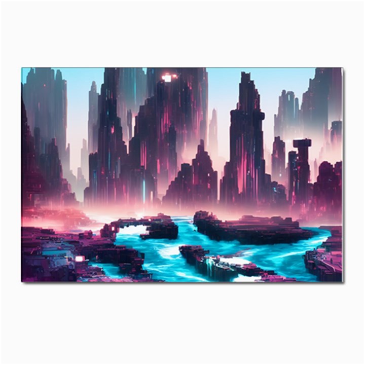 Urban City Cyberpunk River Cyber Tech Future Postcard 4 x 6  (Pkg of 10)