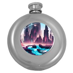 Urban City Cyberpunk River Cyber Tech Future Round Hip Flask (5 Oz) by Uceng