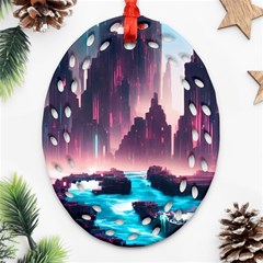 Urban City Cyberpunk River Cyber Tech Future Ornament (oval Filigree) by Uceng