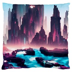 Urban City Cyberpunk River Cyber Tech Future Large Cushion Case (two Sides) by Uceng