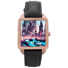 Urban City Cyberpunk River Cyber Tech Future Rose Gold Leather Watch  by Uceng