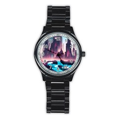 Urban City Cyberpunk River Cyber Tech Future Stainless Steel Round Watch by Uceng