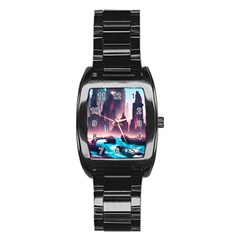 Urban City Cyberpunk River Cyber Tech Future Stainless Steel Barrel Watch by Uceng