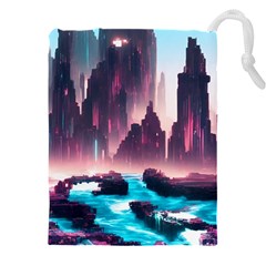 Urban City Cyberpunk River Cyber Tech Future Drawstring Pouch (4xl) by Uceng