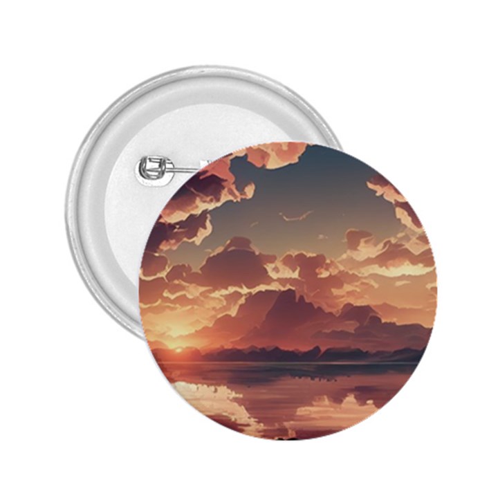 Sunset River Sky Clouds Nature Nostalgic Mountain 2.25  Buttons