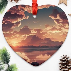 Sunset River Sky Clouds Nature Nostalgic Mountain Ornament (heart) by Uceng