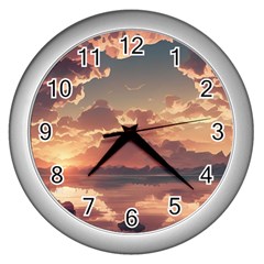 Sunset River Sky Clouds Nature Nostalgic Mountain Wall Clock (silver) by Uceng