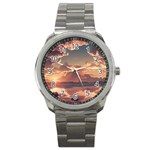 Sunset River Sky Clouds Nature Nostalgic Mountain Sport Metal Watch Front