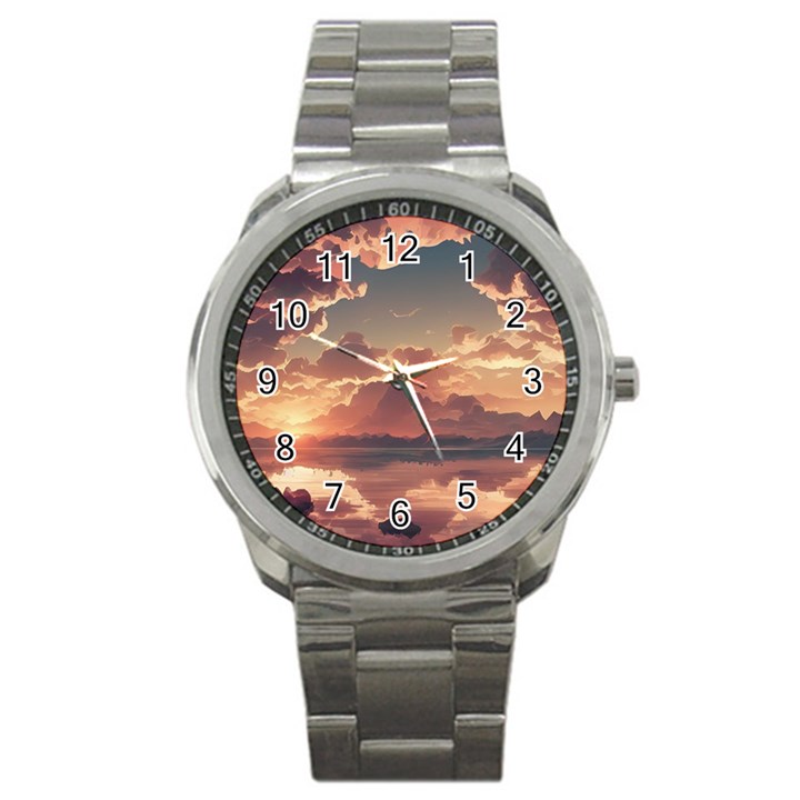 Sunset River Sky Clouds Nature Nostalgic Mountain Sport Metal Watch