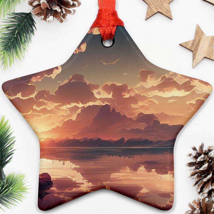 Sunset River Sky Clouds Nature Nostalgic Mountain Star Ornament (Two Sides)