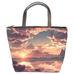 Sunset River Sky Clouds Nature Nostalgic Mountain Bucket Bag by Uceng