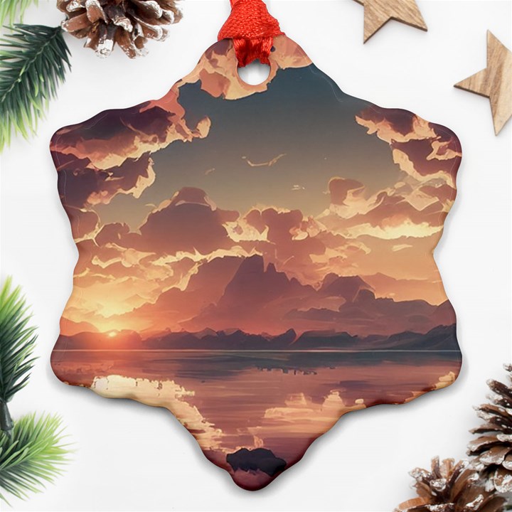 Sunset River Sky Clouds Nature Nostalgic Mountain Snowflake Ornament (Two Sides)