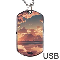 Sunset River Sky Clouds Nature Nostalgic Mountain Dog Tag Usb Flash (one Side) by Uceng