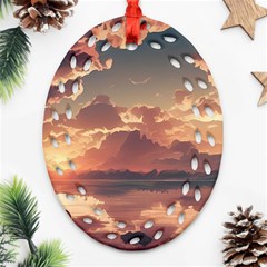 Sunset River Sky Clouds Nature Nostalgic Mountain Ornament (oval Filigree) by Uceng