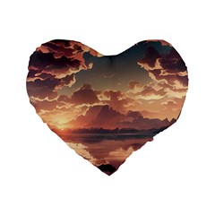 Sunset River Sky Clouds Nature Nostalgic Mountain Standard 16  Premium Flano Heart Shape Cushions by Uceng