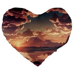 Sunset River Sky Clouds Nature Nostalgic Mountain Large 19  Premium Flano Heart Shape Cushions by Uceng