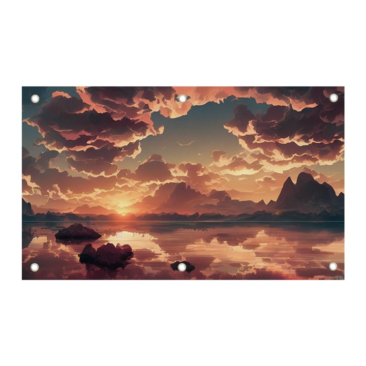 Sunset River Sky Clouds Nature Nostalgic Mountain Banner and Sign 5  x 3 