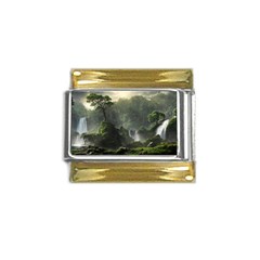 Waterfall River Fantasy Dream Planet Matte Gold Trim Italian Charm (9mm)