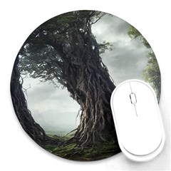 Trees Forest Woods Drawing Fantasy Dream Round Mousepad by Uceng