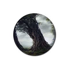 Trees Forest Woods Drawing Fantasy Dream Rubber Round Coaster (4 Pack) by Uceng