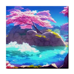 Fantasy Japan Mountains Cherry Blossoms Nature Tile Coaster by Uceng