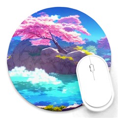 Fantasy Japan Mountains Cherry Blossoms Nature Round Mousepad by Uceng