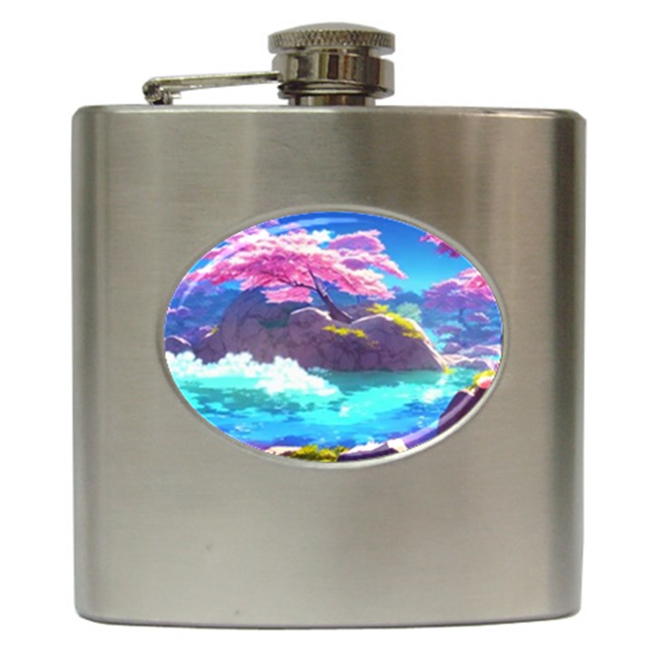 Fantasy Japan Mountains Cherry Blossoms Nature Hip Flask (6 oz)