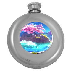 Fantasy Japan Mountains Cherry Blossoms Nature Round Hip Flask (5 Oz) by Uceng