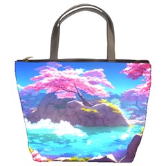 Fantasy Japan Mountains Cherry Blossoms Nature Bucket Bag by Uceng