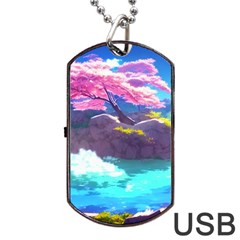 Fantasy Japan Mountains Cherry Blossoms Nature Dog Tag Usb Flash (one Side) by Uceng