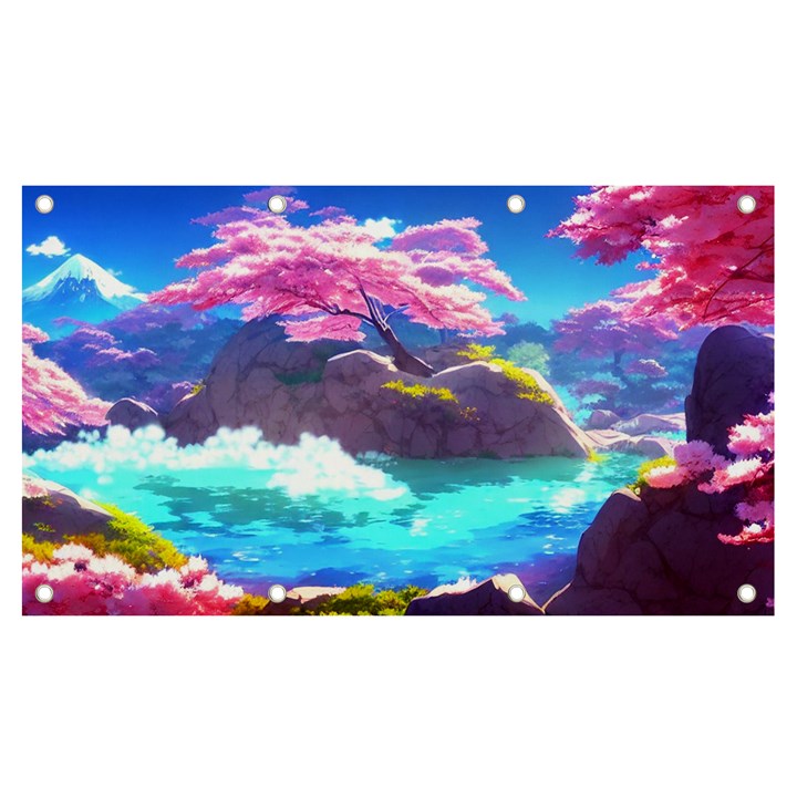 Fantasy Japan Mountains Cherry Blossoms Nature Banner and Sign 7  x 4 