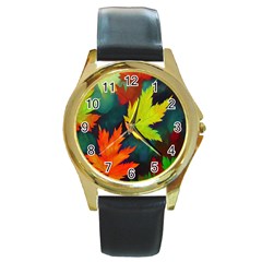 Leaves Foliage Autumn Nature Forest Fall Round Gold Metal Watch by Uceng